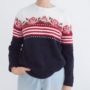 Vintage Petite Sophisticate Ivory Rose Stripe Floral Knit Crewneck Sweater PL